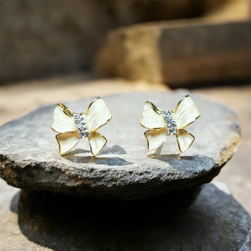Elegant Gold and Cream Bow Earrings